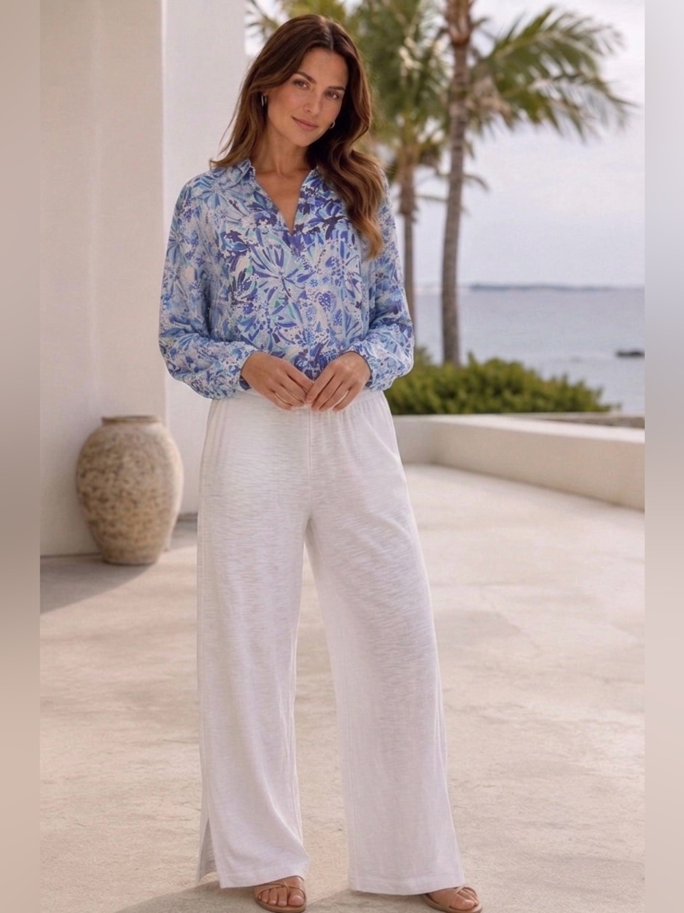 Mersea Traveler Tee Pants L White Cotton Slub Wide Leg Coastal Minimalist Summer